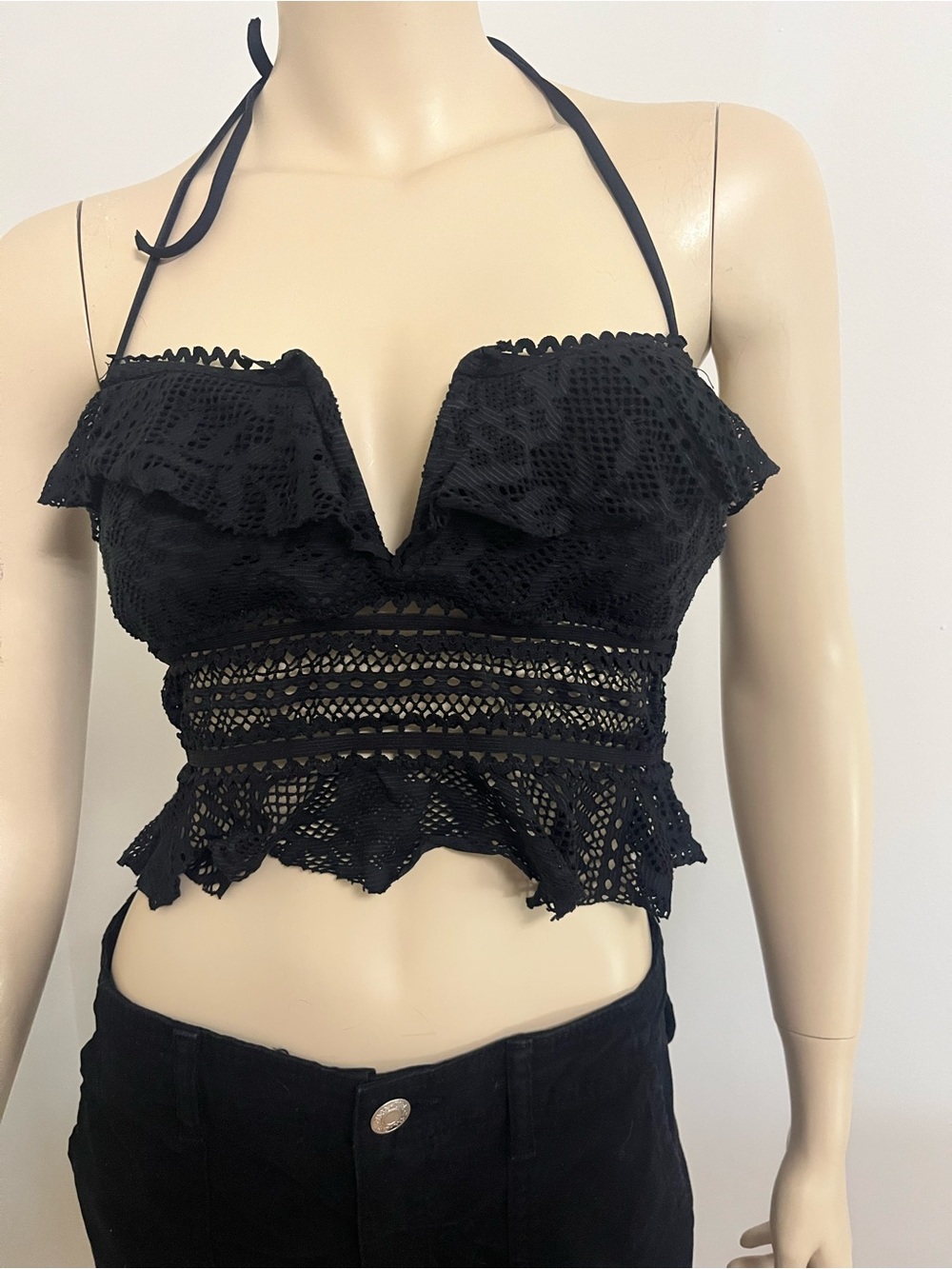 BECCA Black Crochet Halter Swim Top